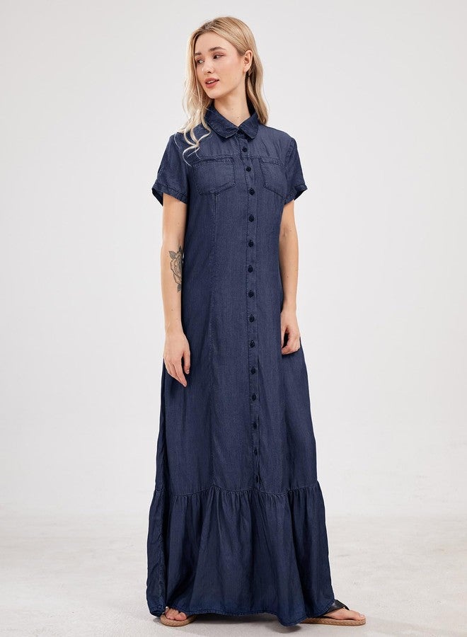 utcoco Womens Short Sleeve Denim Maxi Dress Casual Loose Fit Button Down Long Jean Dresses (X-Large, Dark Blue) - Image 5